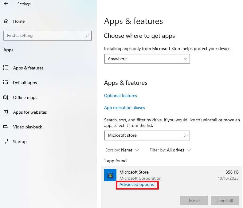 accessing microsoft store advanced options 