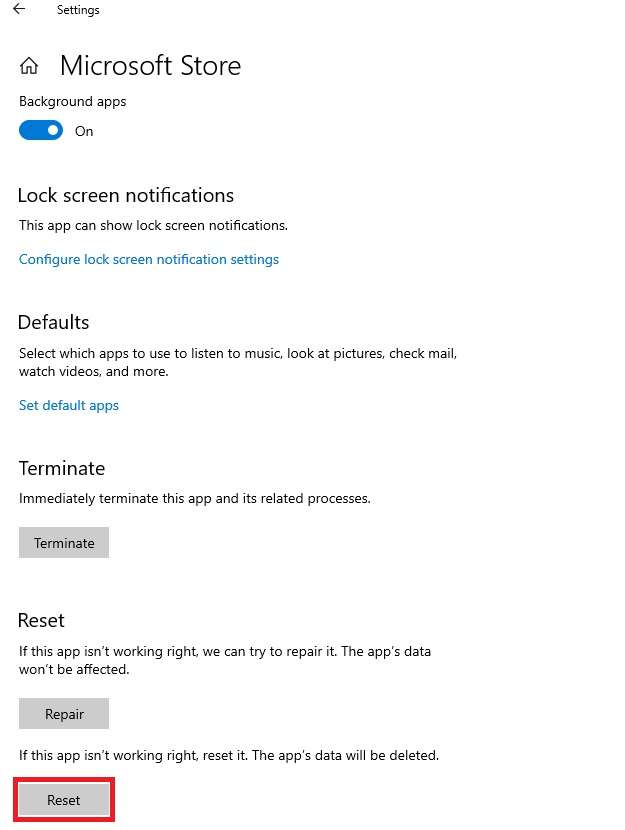 resetting the microsoft store in windows 