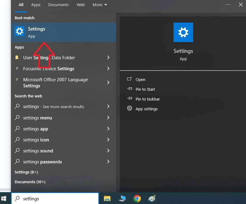 opening settings in windows 