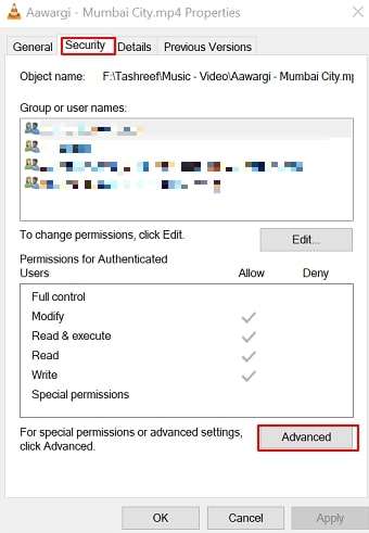 accessing video file advanced security settings 