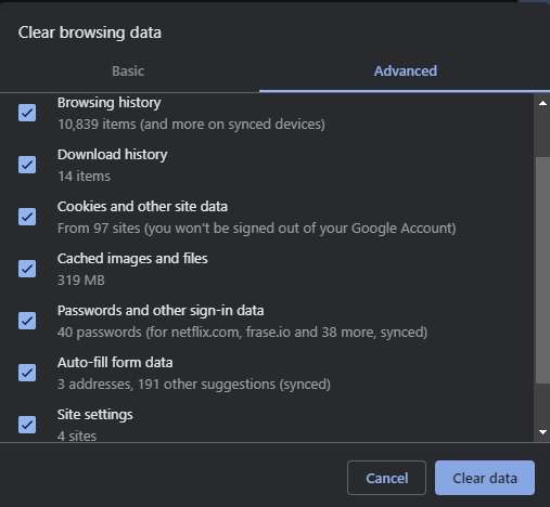 delete all chrome browsing data