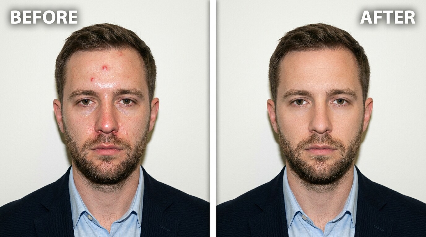passport-style portrait with pimple and oily skin