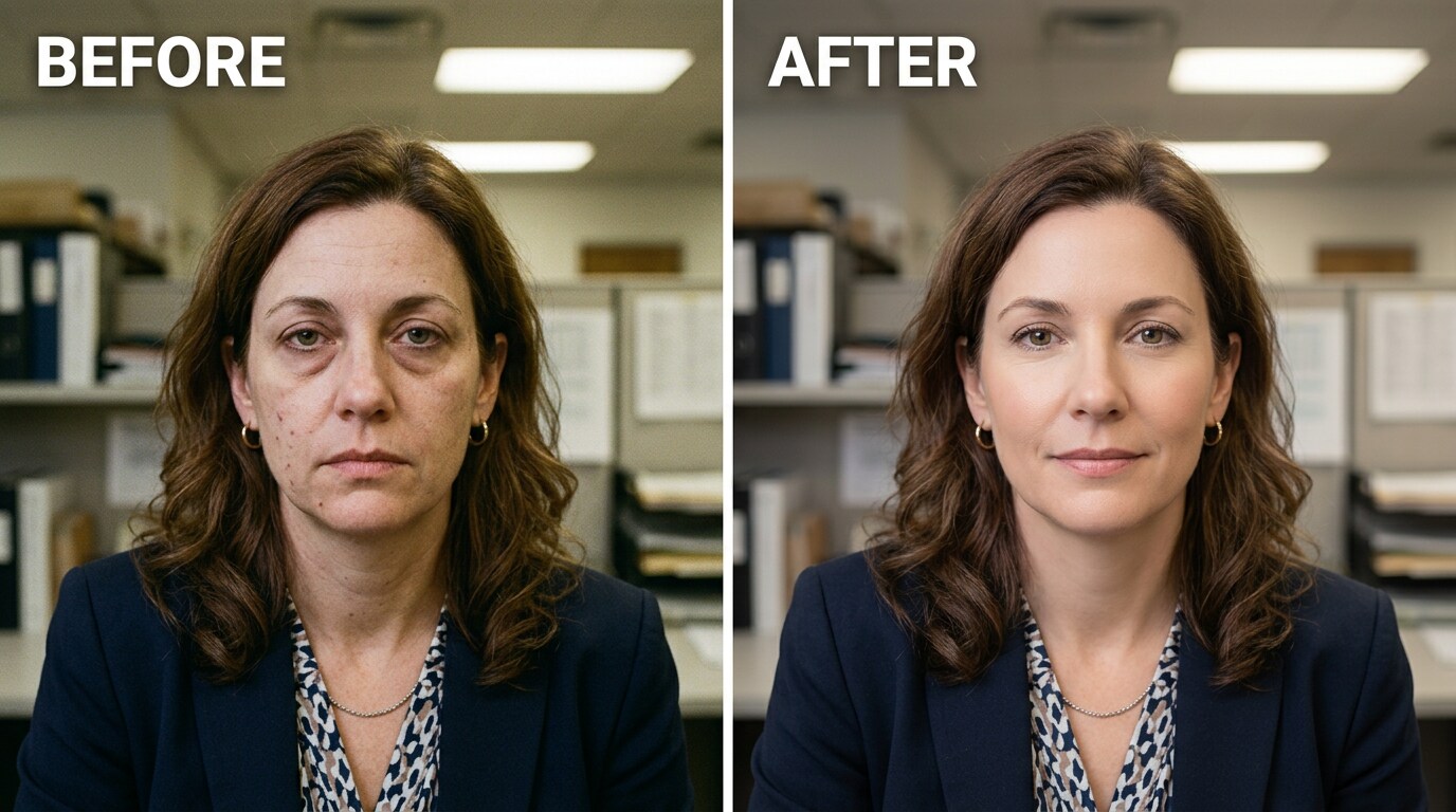 work badge portrait with acne marks and uneven skin tone