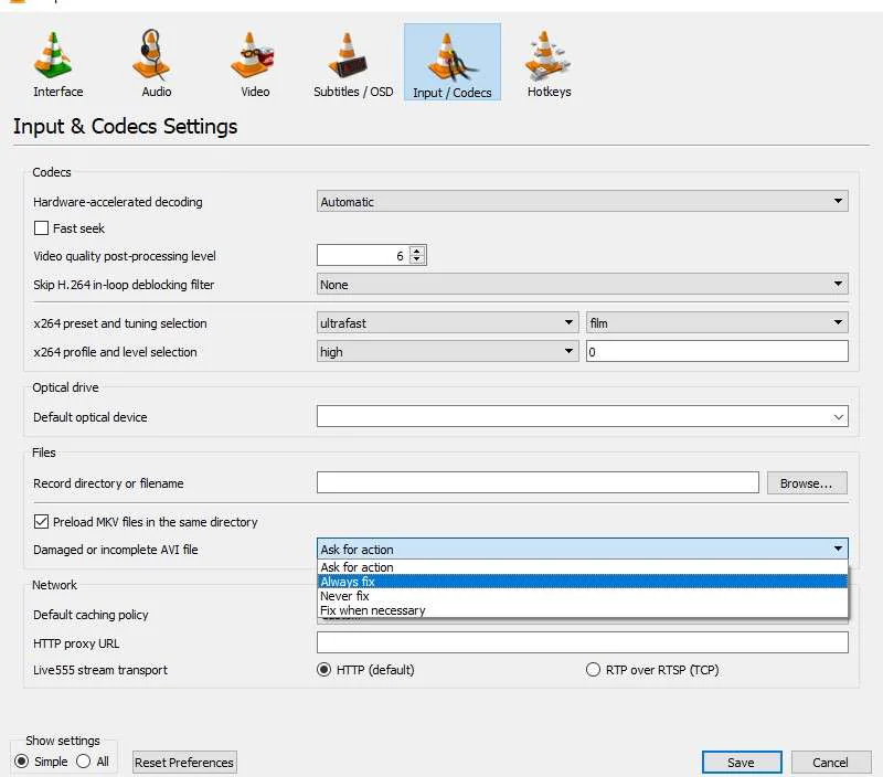 vlc player damaged or incomplete avi file