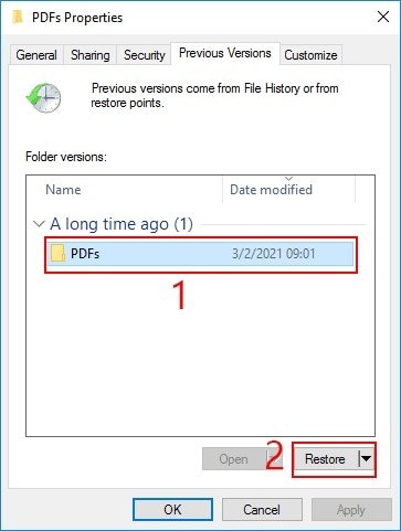 selecting the previous version and clicking on restore