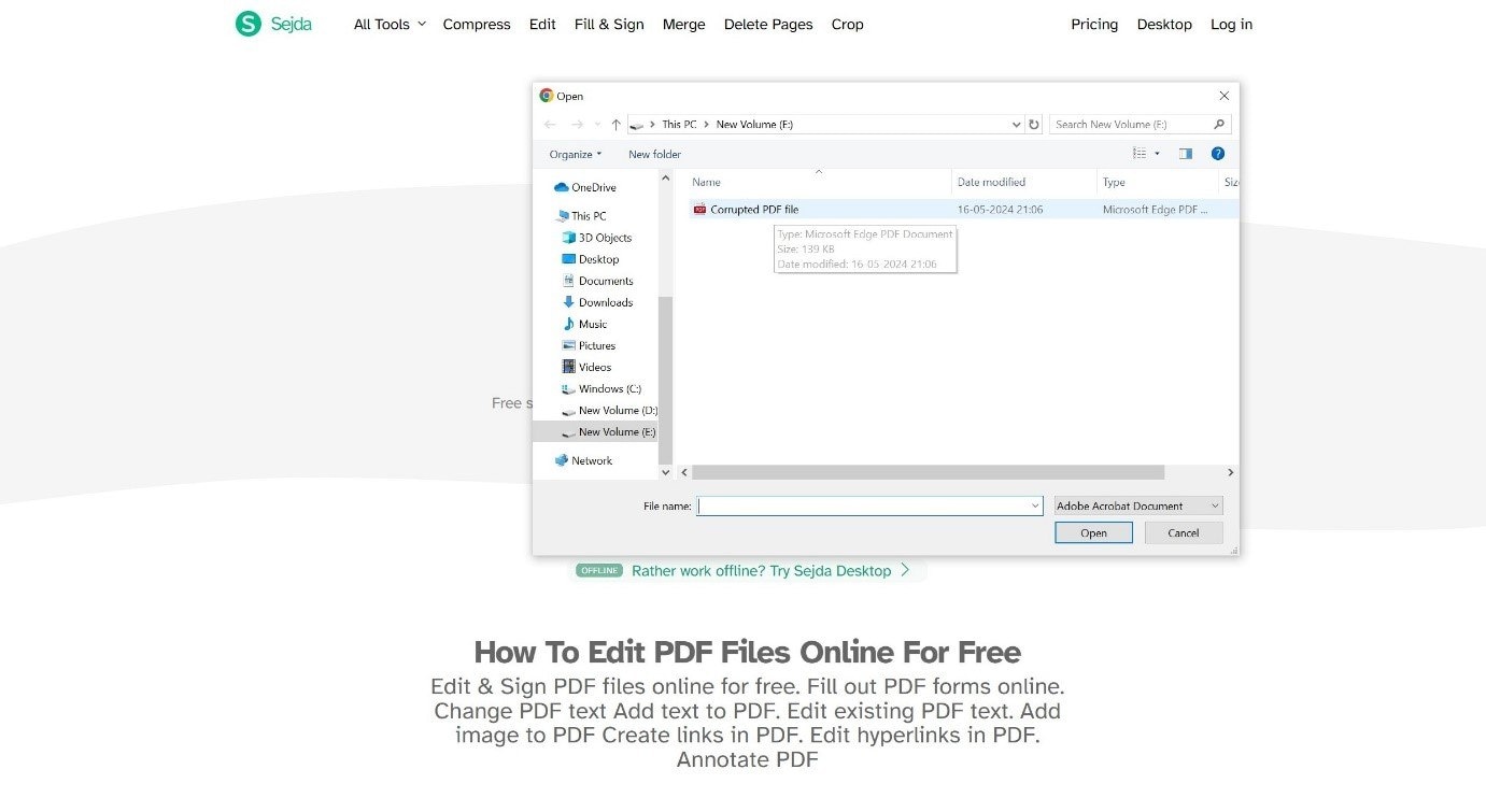 uploading the corrupt pdf file to the tool