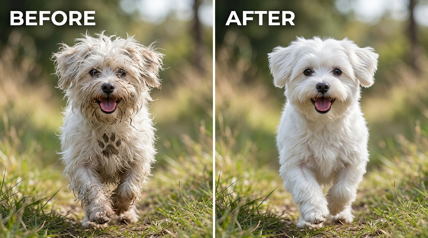 small white dog after outdoor play with mud marks and messy fur