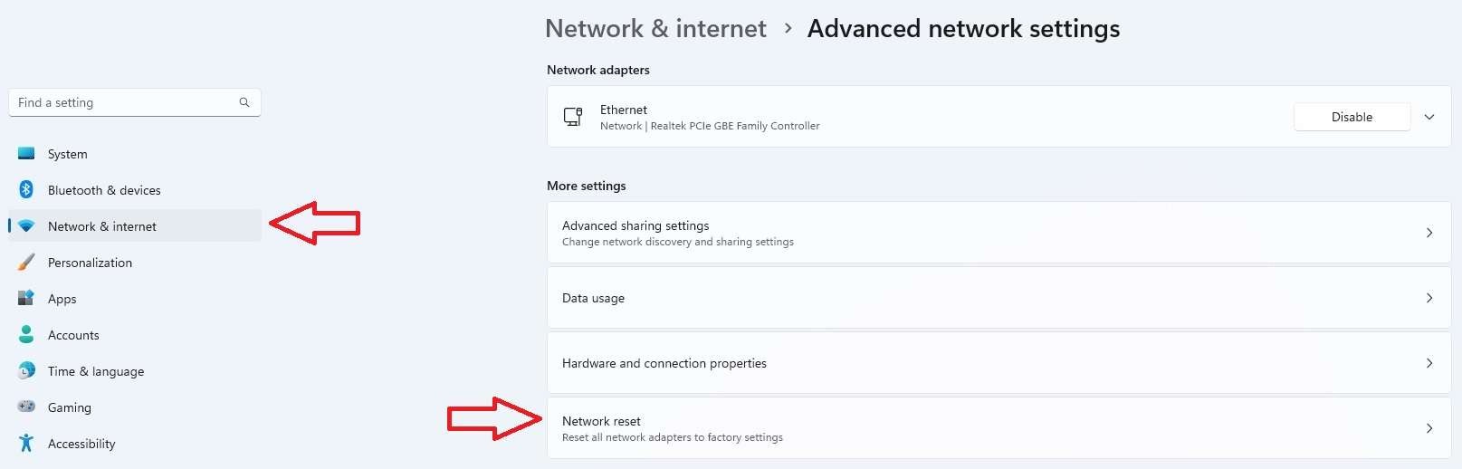 reset network connection settings to default