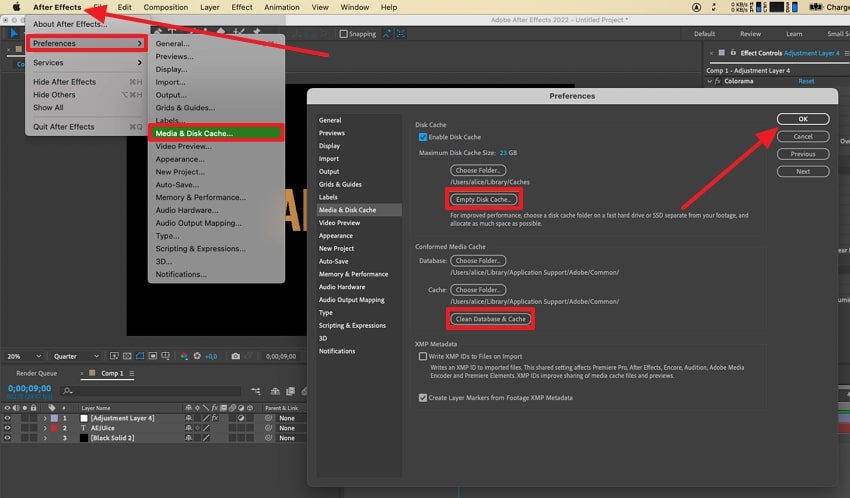 clear database & cache from preferences