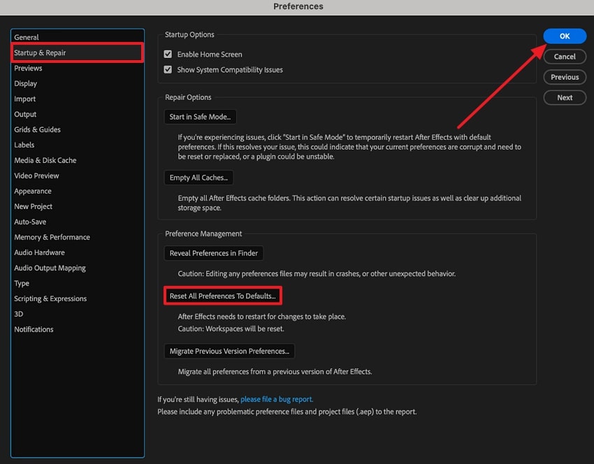 reset all preferences to default