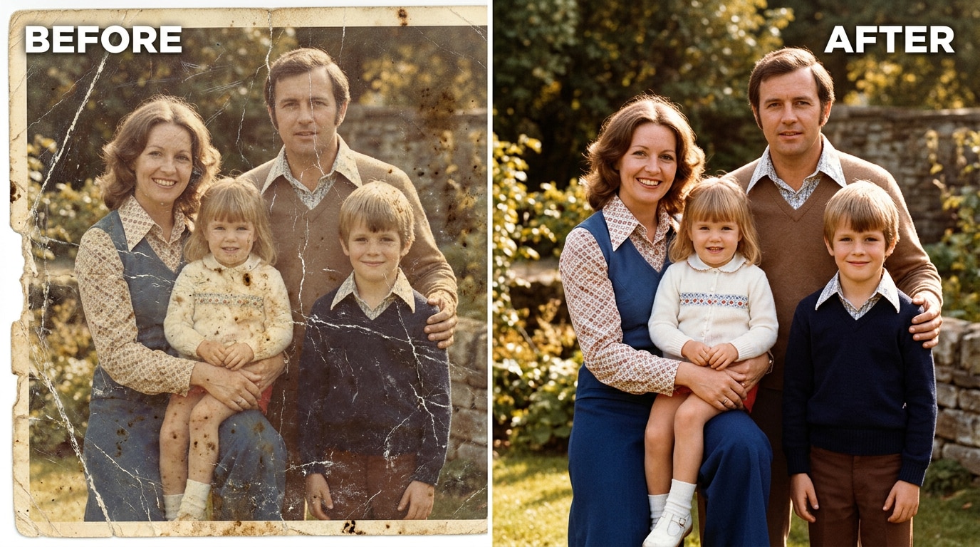 1970s family photo with multiple scratches