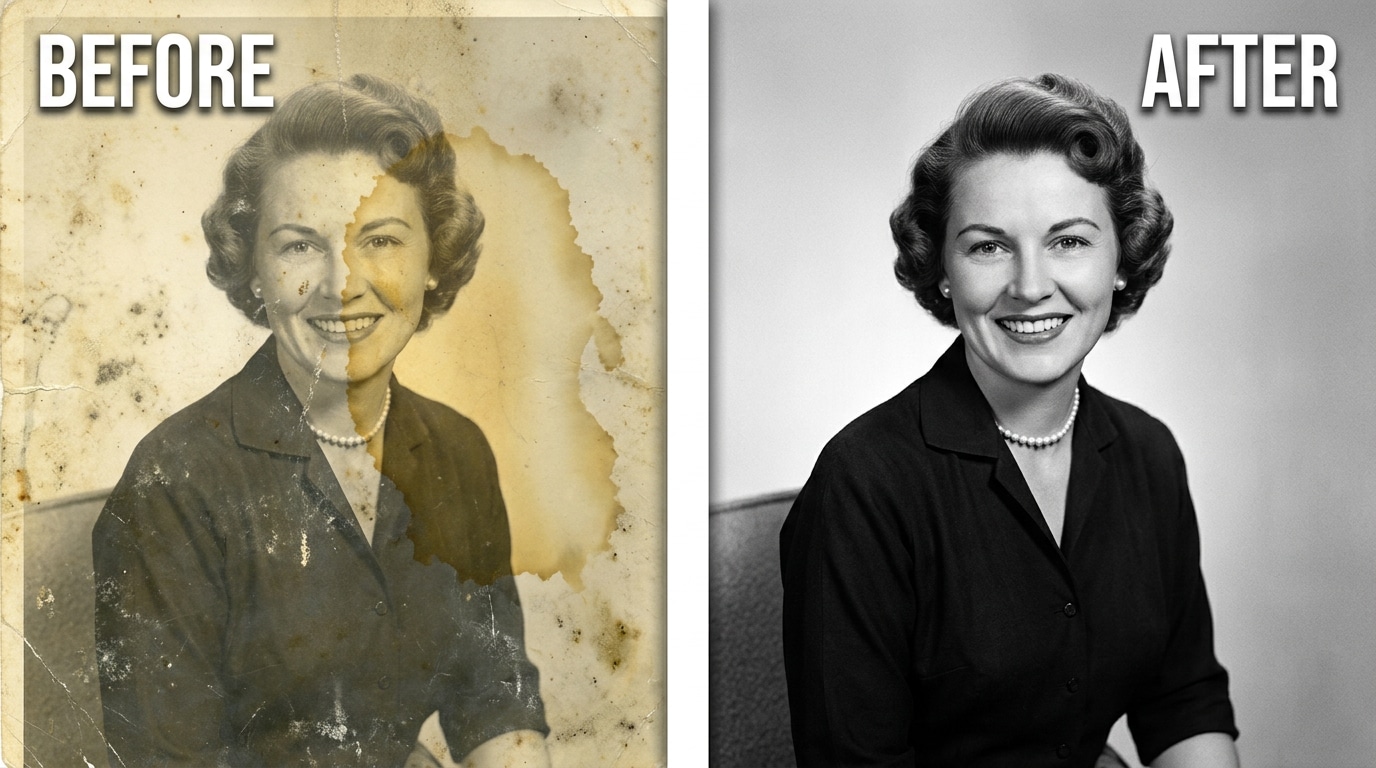 1950s black-and-white portrait with heavy water stain