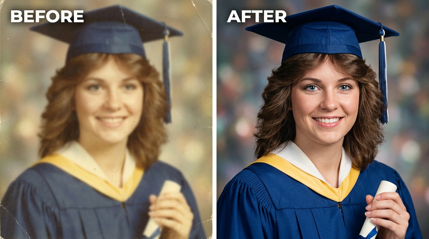 blurry 1980s graduation portrait with soft faces and hazy detail