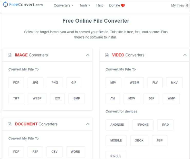 Interface de free convert