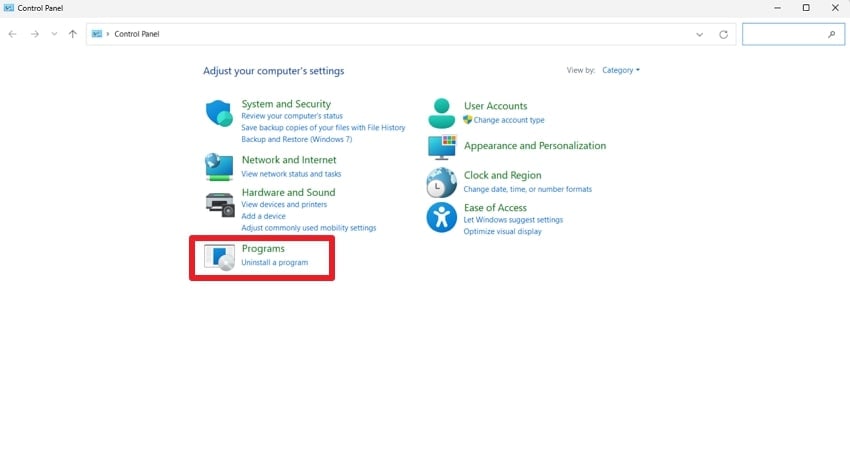 navigate to programs control panel