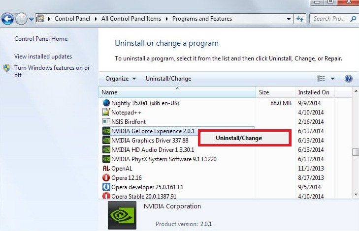 uninstall nvidia geforce experience