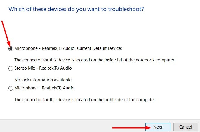 choose troubleshoot device