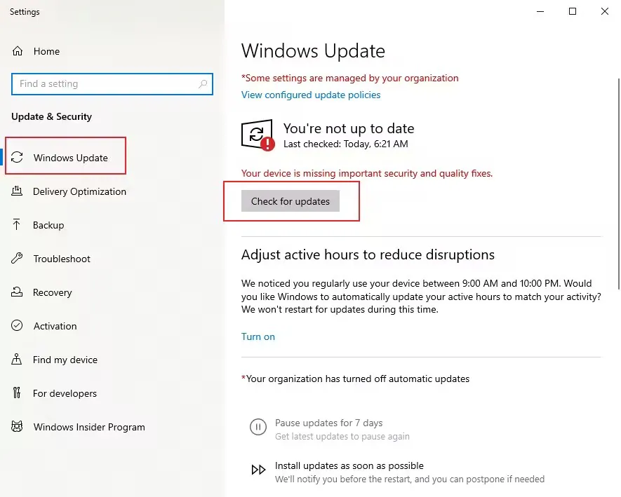 windows check for updates option