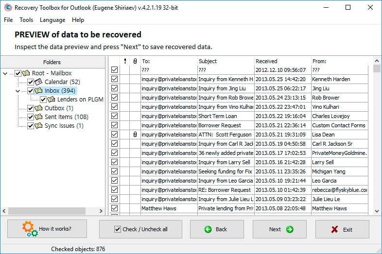 preview recovered outlook data