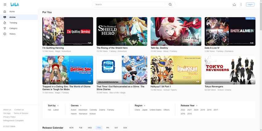 bilibili anime browsing page