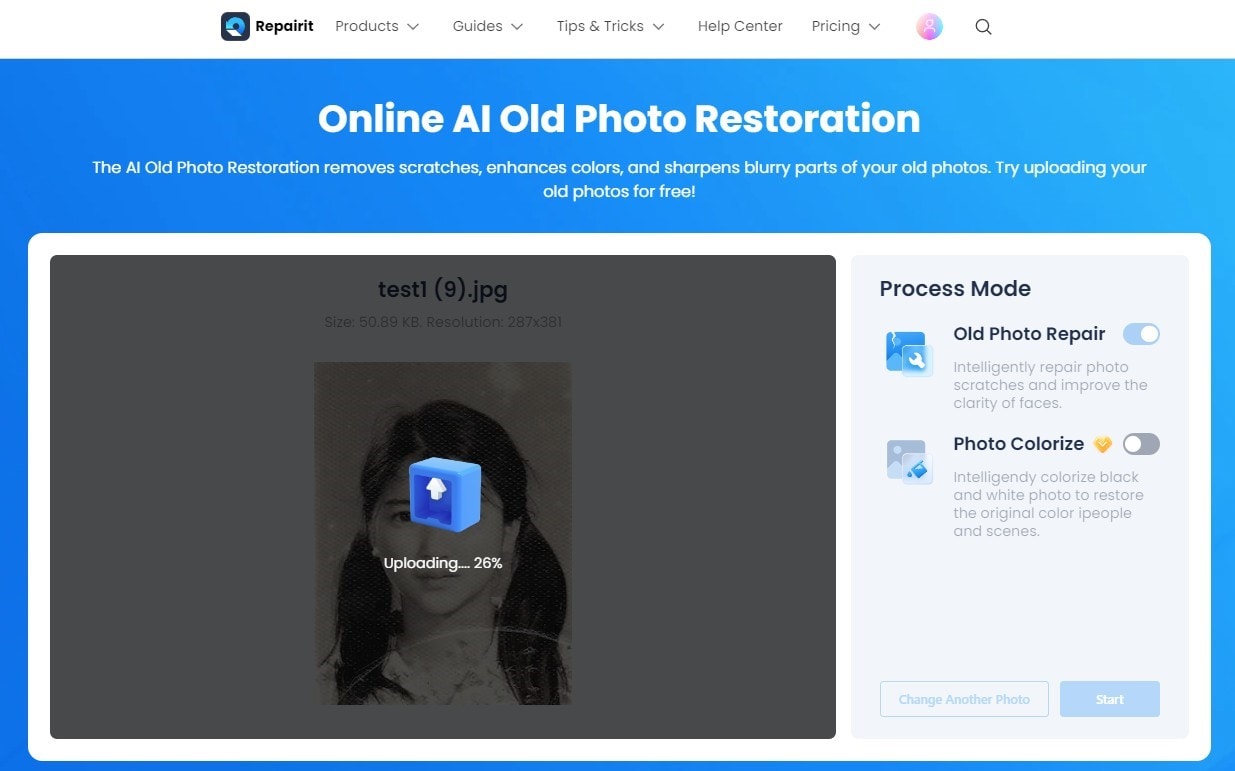 start the photo restoration process by clicking the start button