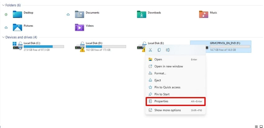 right click flash drive for properties