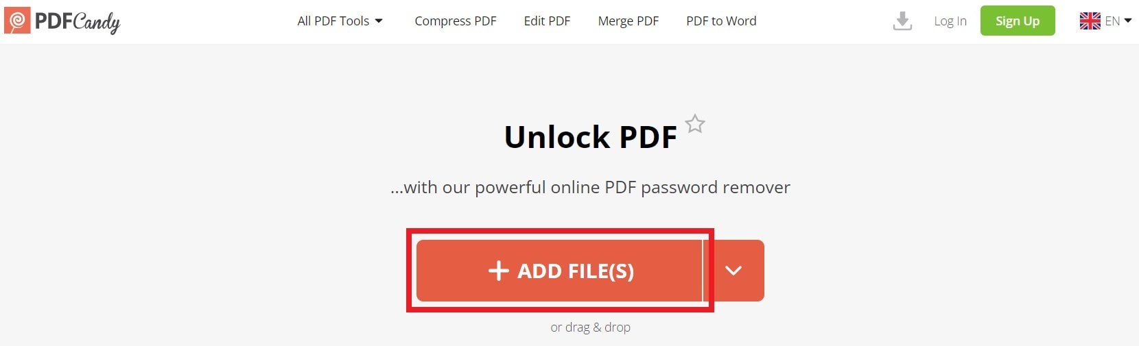 add password protected pdf in pdfcandy to open it without password