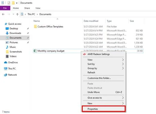 excel properties