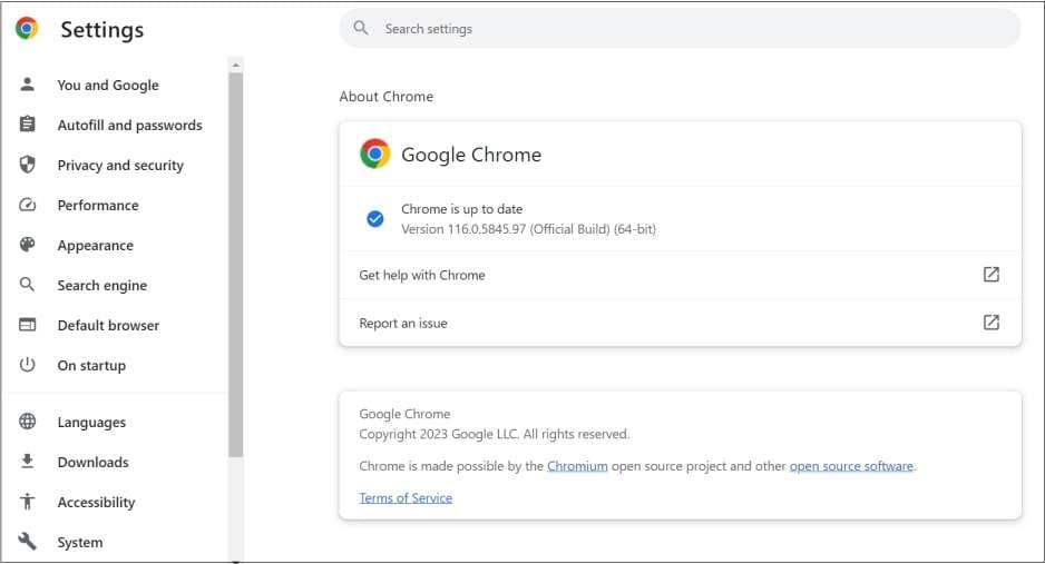 checking google chrome for updates