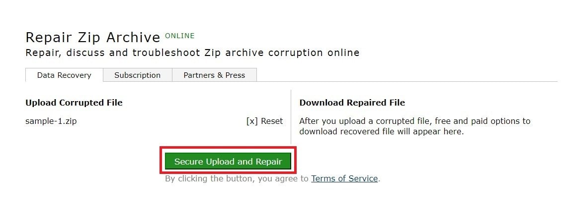 secure and upload zip file on repair zip archive