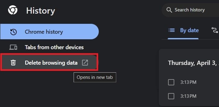 delete browsing data option