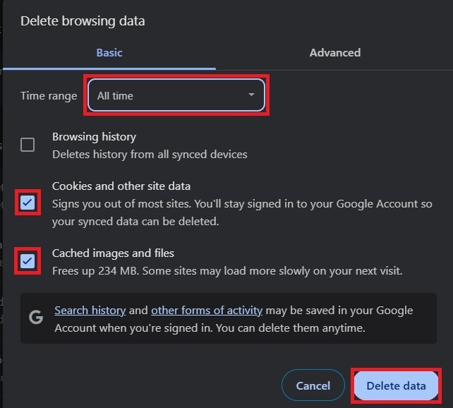 delete all cookies and cached data