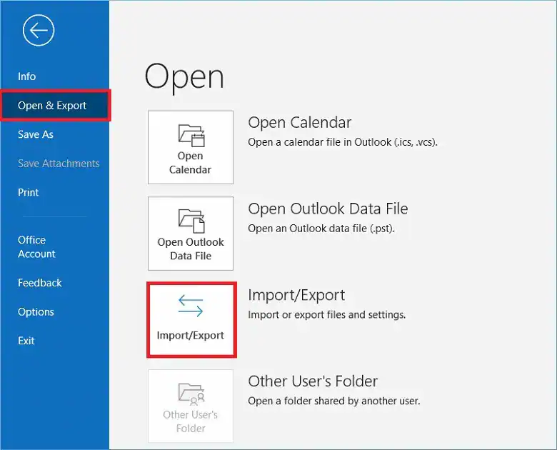 how to find import/export option in outlook