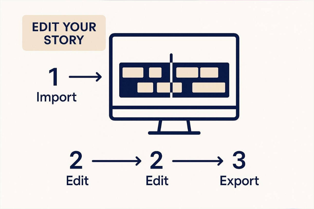 Three-step editing workflow from original Instagram Story video to single export