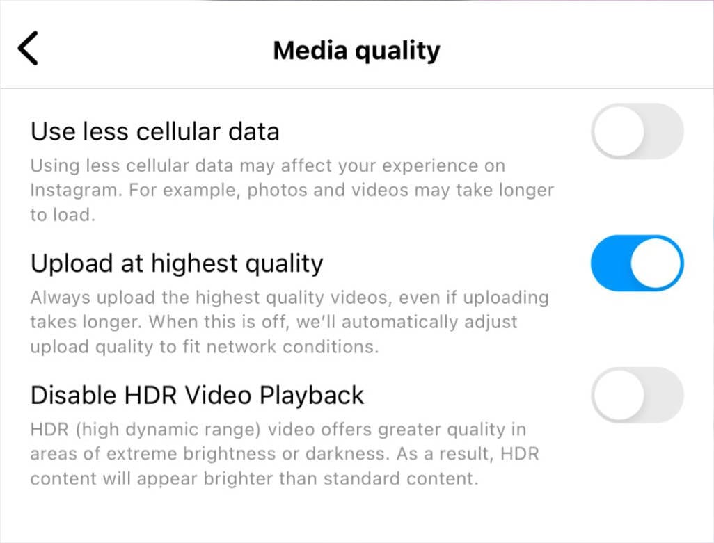 Illustrative checklist for locating Instagram media quality and highest quality upload settings