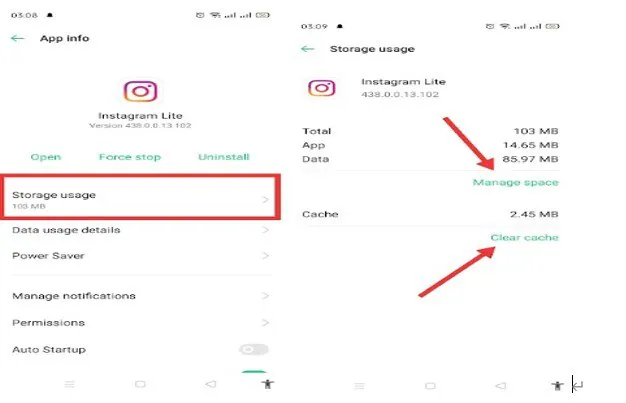 clear instagram cache and data on android