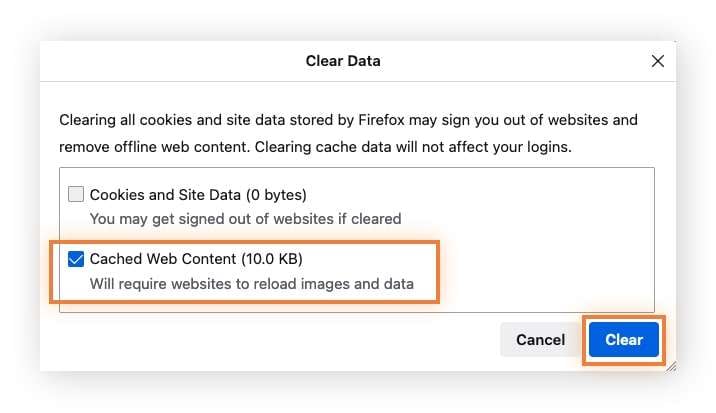 clearing cached web content in firefox