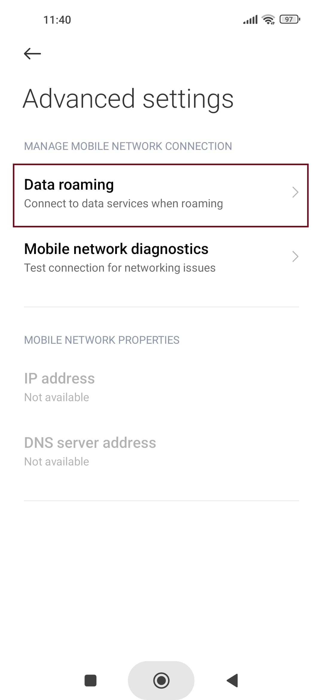 configuração do roaming de dados no android