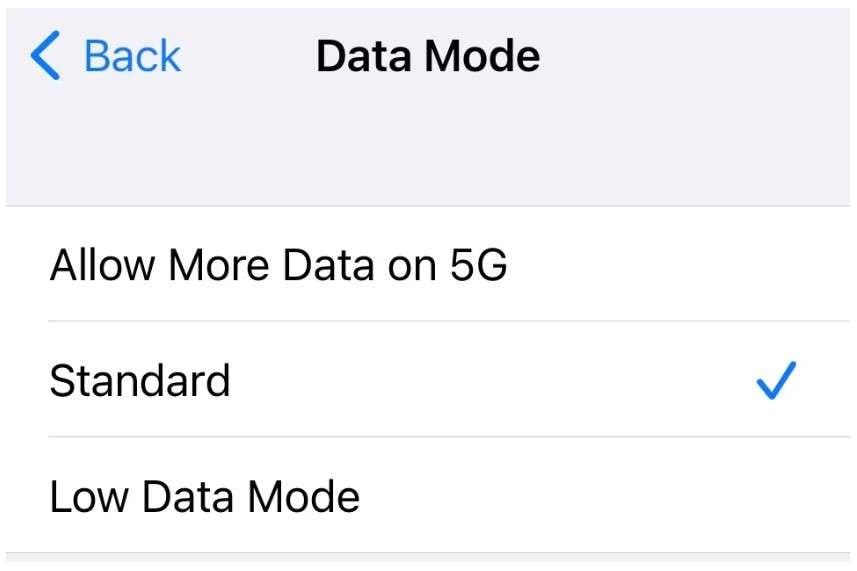 standard data mode setting on iphone