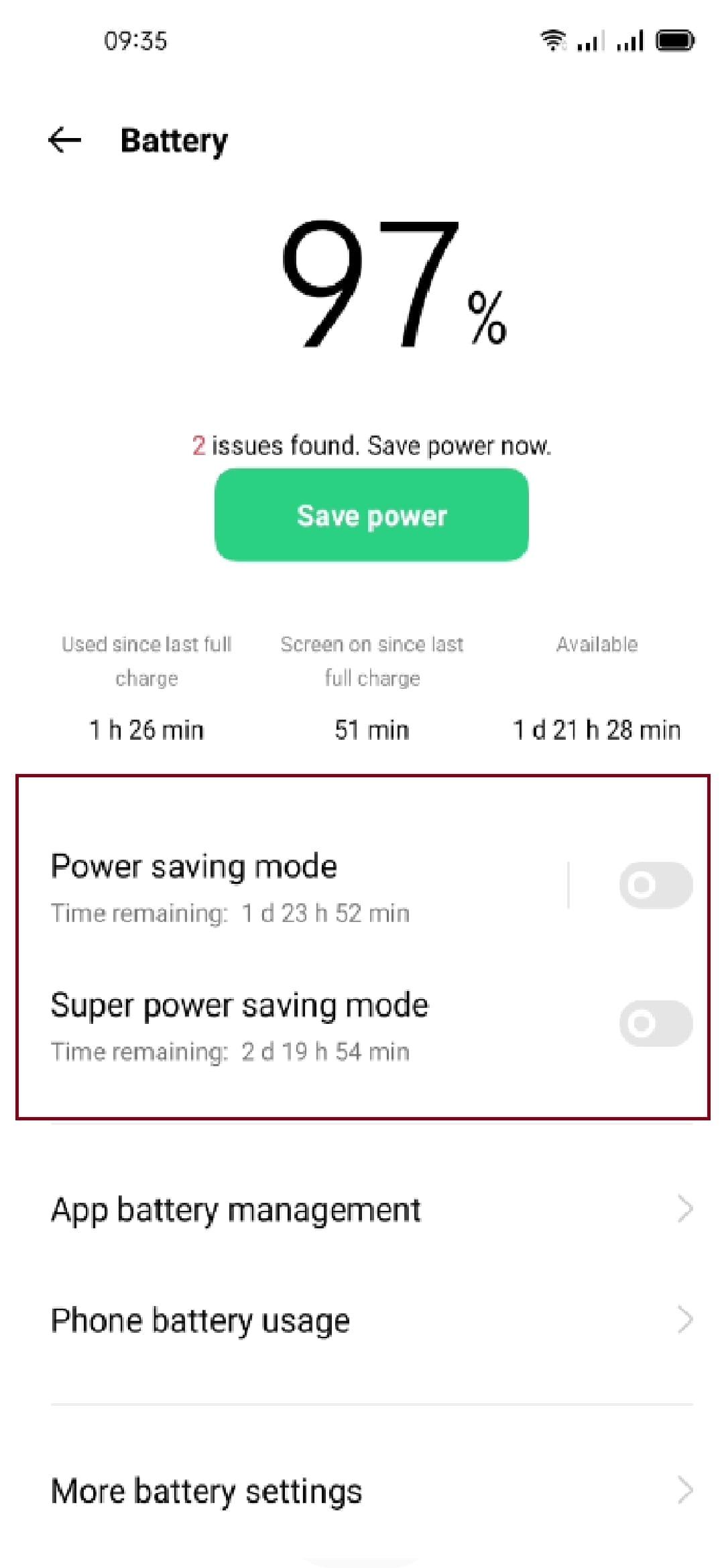 disabling power saving mode on android