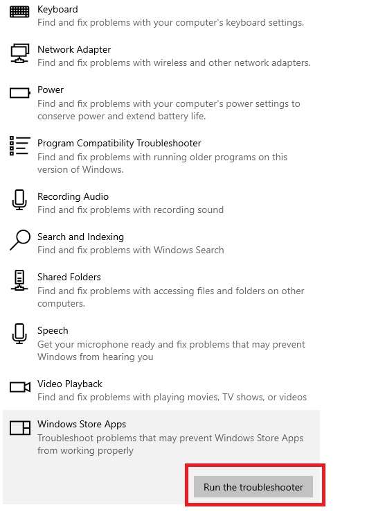 running windows store apps troubleshooter 