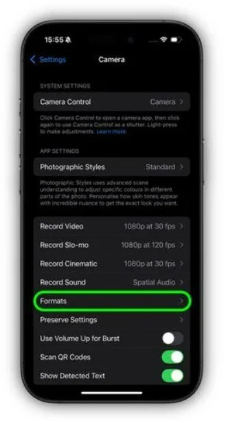 camera format settings