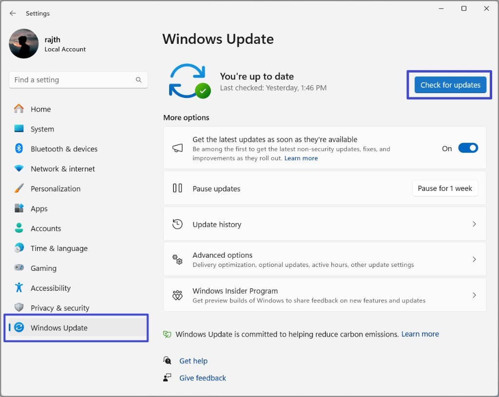 windows 11 settings windows update check for updates interface
