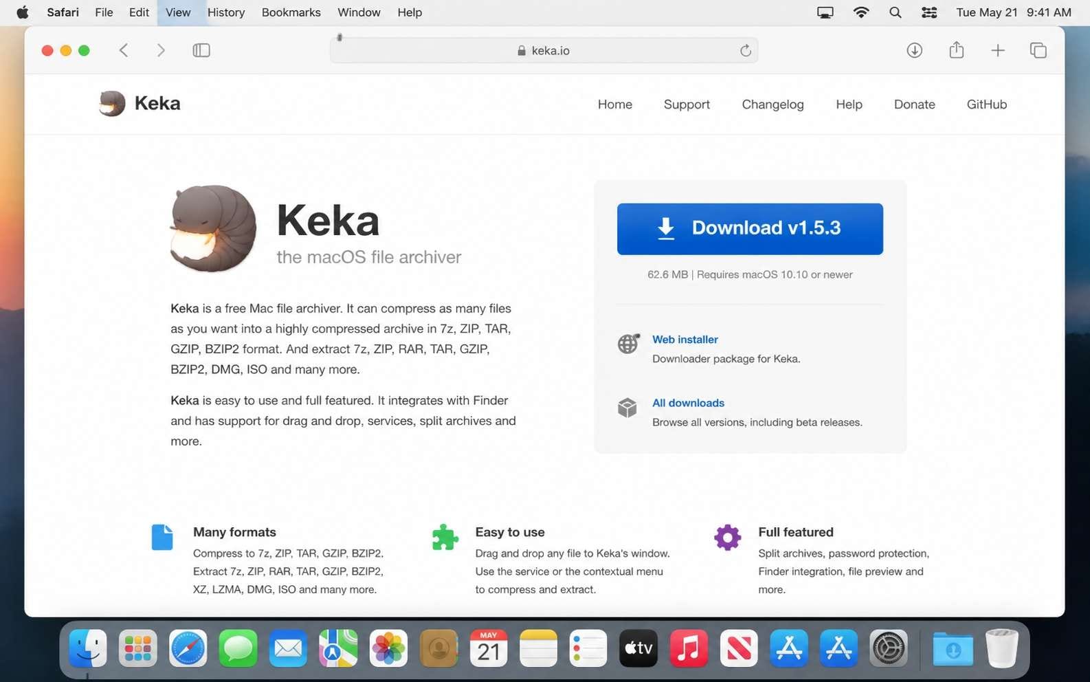 keka website on mac with download button for file archiver