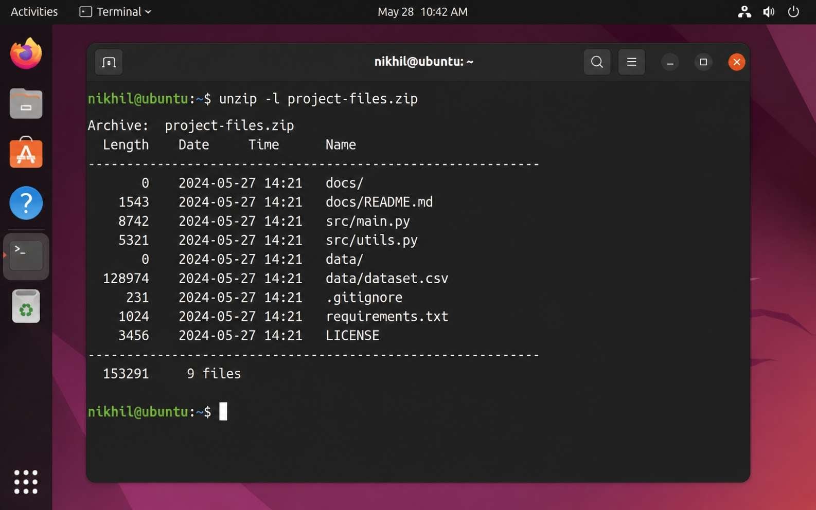 linux terminal listing zip archive contents with unzip dash l
