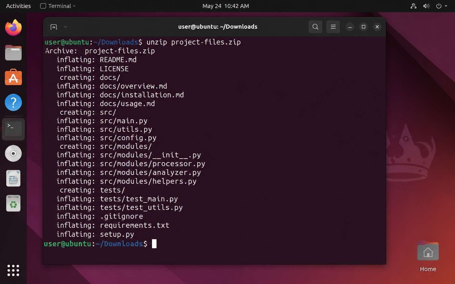 linux terminal extracting zip file into current directory with unzip command