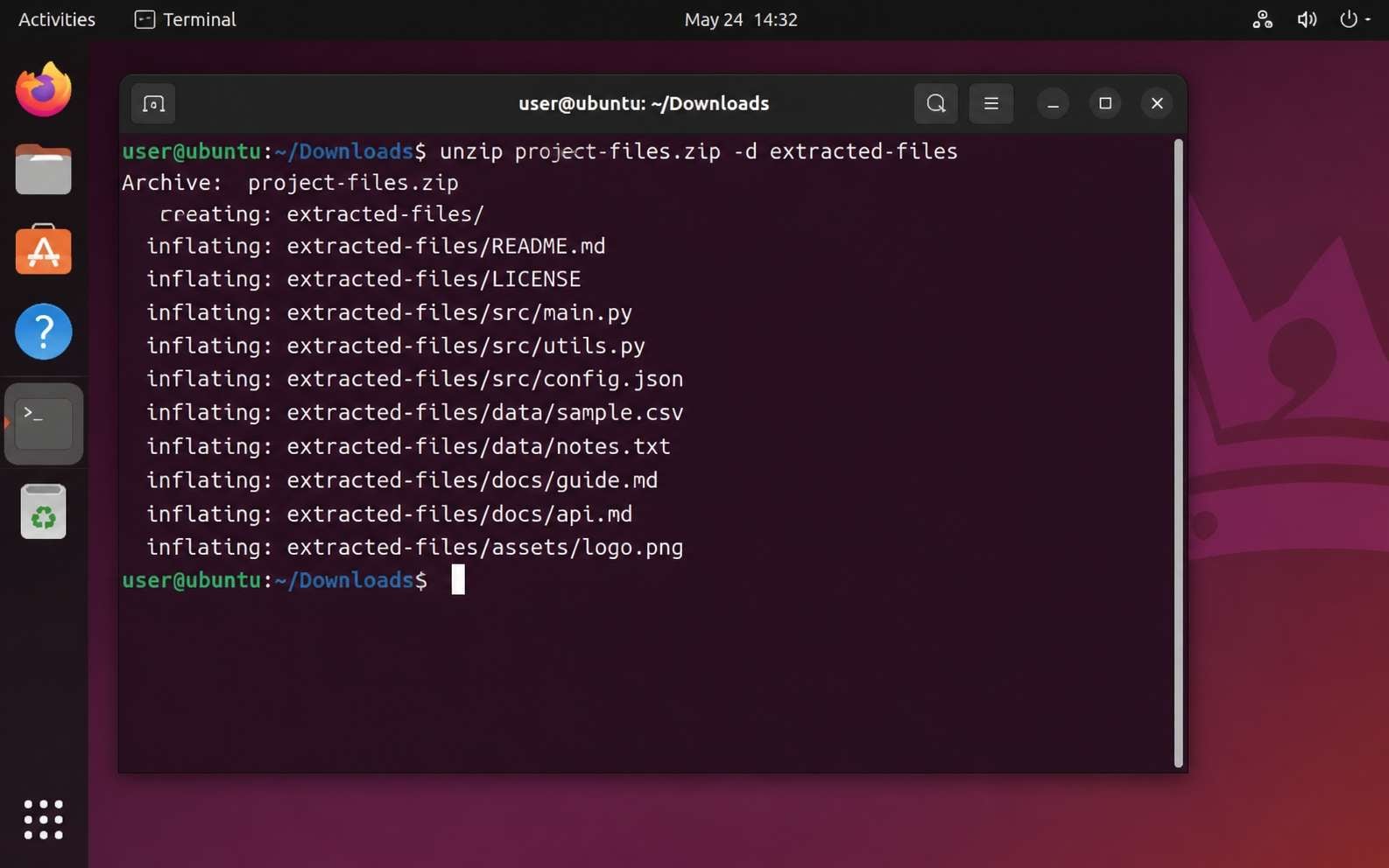 linux terminal extracting zip file to destination folder with unzip dash d