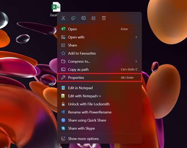 click the properties option