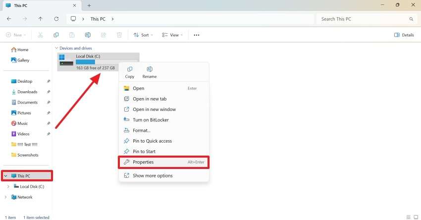 select the properties option