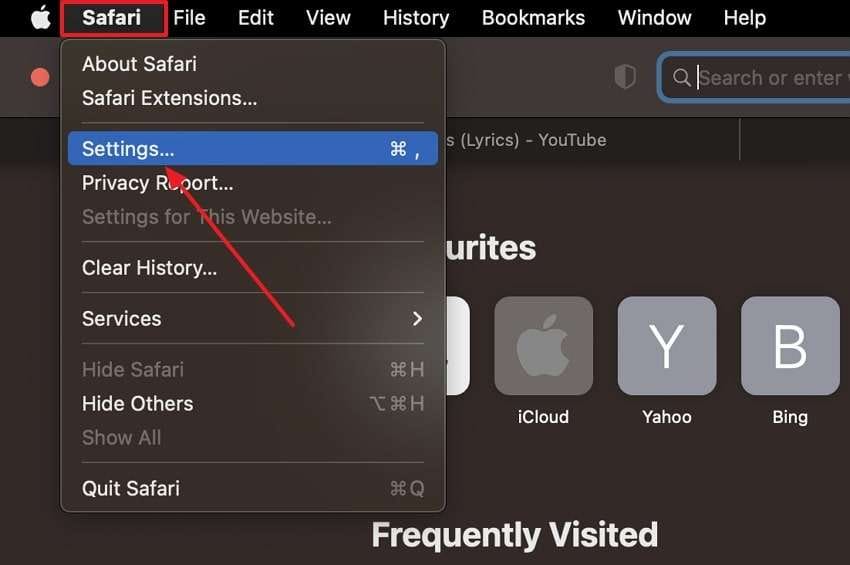 click settings from safari menu 